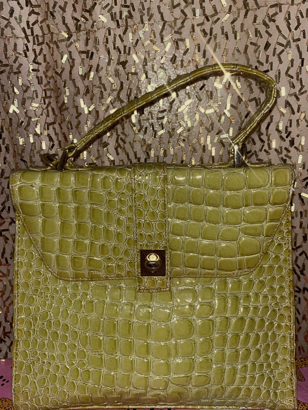 Croc-Embossed Olive Green Top-Handle Crossbody Bag